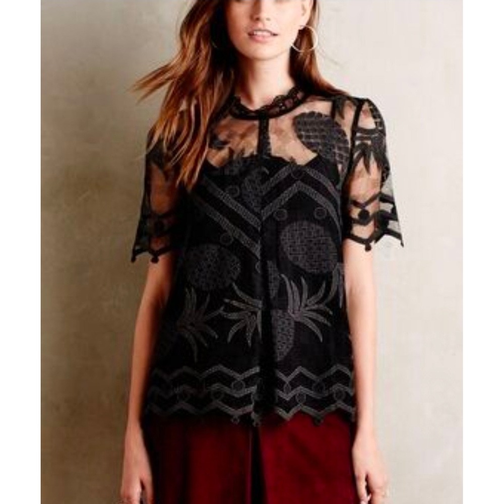 Anthropologie HD in Paris Black Pineapple Lace Sheer Mock Neck Blouse Size 4